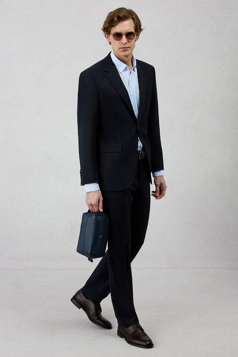 Dark Navy 4-Drop Relaxed Fit Wool Pinstripe Notch Lapel Suit