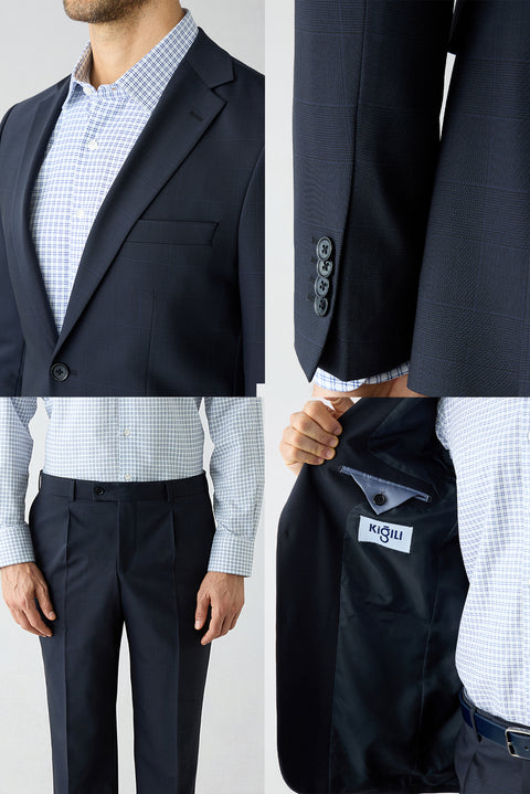 Dark Navy 7 Drop Slim Fit Narrow Cut Mono-Neck Elastic Waist Plaid Suit