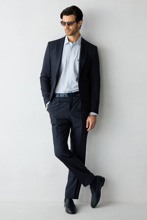 Dark Navy 7 Drop Slim Fit Narrow Cut Mono-Neck Elastic Waist Plaid Suit