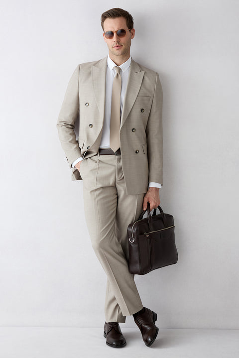 Light Beige 6 Drop Regular Fit Standard Cut Pointed Collar Wool Double-Breasted Suit