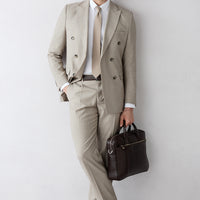 Light Beige 8-Drop Muscle Fit Long Athletic Cut Peaked Lapel Wool Double-Breasted Suit