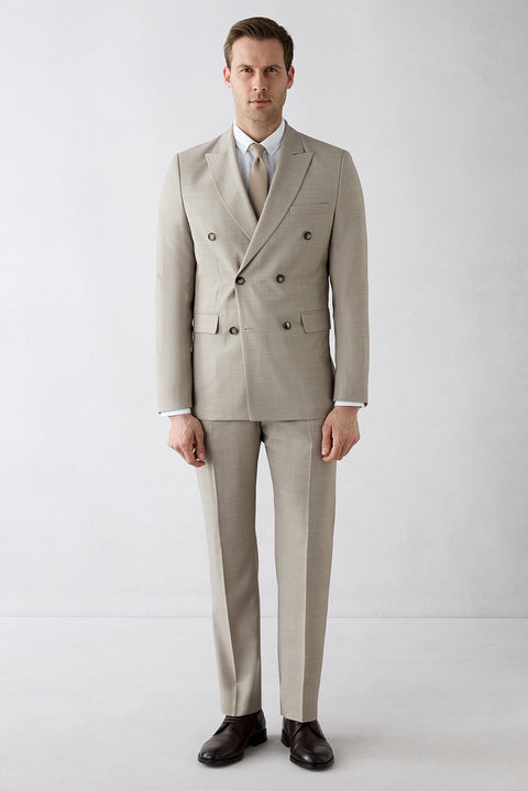Light Beige 7-Drop Slim Fit Peak Lapel Wool Blend Double-Breasted Suit