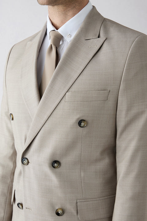 Light Beige 8-Drop Muscle Fit Long Athletic Cut Peaked Lapel Wool Double-Breasted Suit