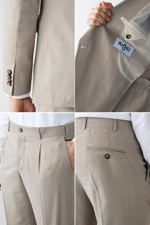 Light Beige 8-Drop Muscle Fit Long Athletic Cut Peaked Lapel Wool Double-Breasted Suit