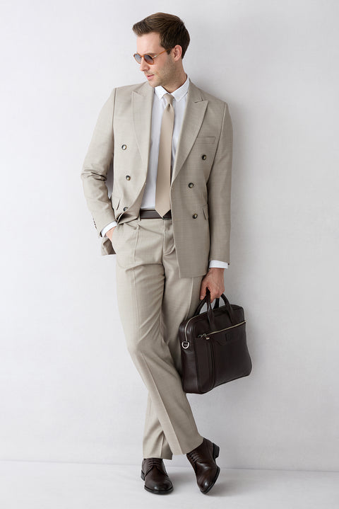 Light Beige 6 Drop Regular Fit Standard Cut Pointed Collar Wool Double-Breasted Suit