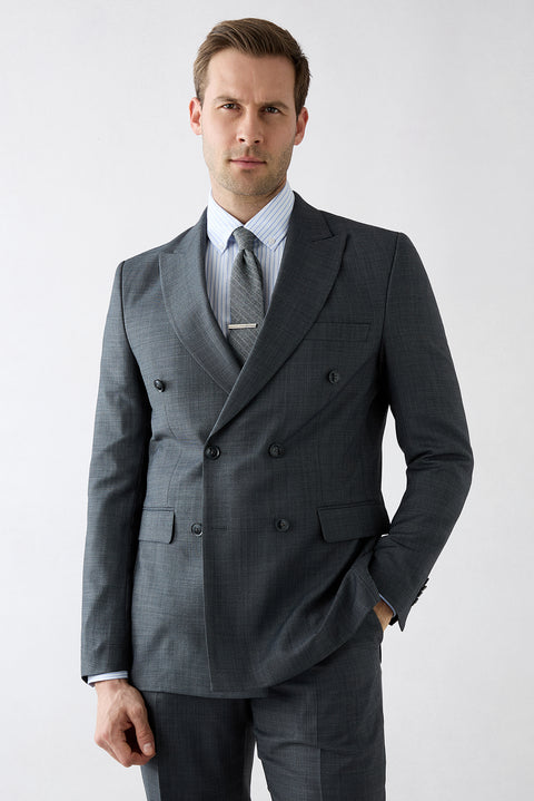 Medium Anthracite 8 Drop Muscle Fit Long Athletic Cut Peak Lapel Wool Double Breasted Suit