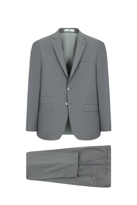 Medium Grey 8 Drop Muscle Fit Long Athletic Cut Mono Collar Zipper Detail Striped Wool Suit