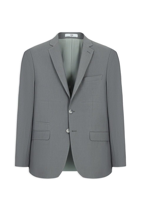 Medium Grey 8 Drop Muscle Fit Long Athletic Cut Mono Collar Zipper Detail Striped Wool Suit