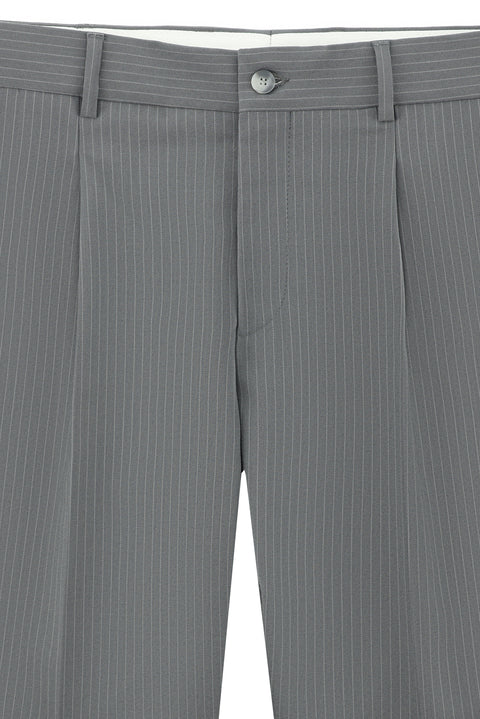 Medium Grey 8 Drop Muscle Fit Long Athletic Cut Mono Collar Zipper Detail Striped Wool Suit