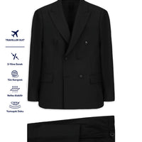 Black 6-Drop Regular Fit Standard Cut Wool Double-Breasted Traveller Suit with Buckle Waist and Bag