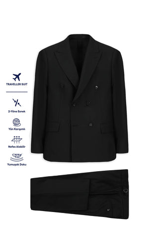  Siyah 6 Drop Regular Fit Standart Kesim Yünlü Kruvaze Beli Tokalı Traveller Suit Çantalı Takım Elbise