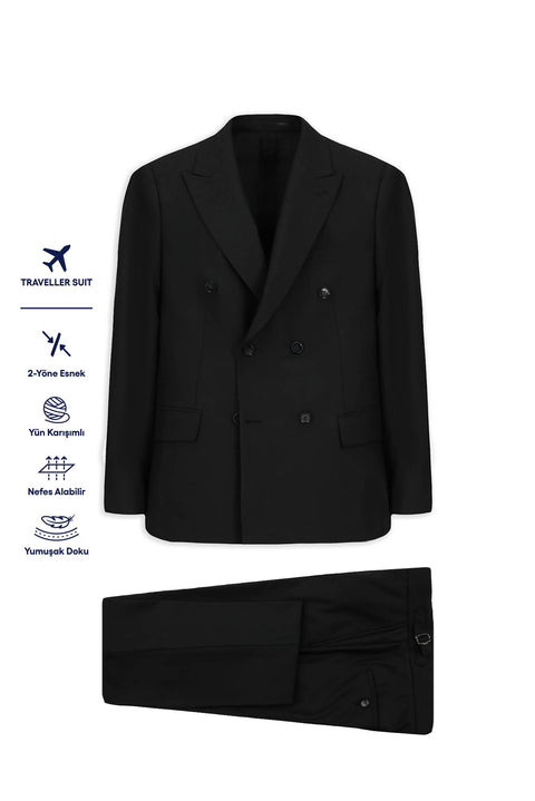 Black 6-Drop Regular Fit Standard Cut Wool Double-Breasted Traveller Suit with Buckle Waist and Bag