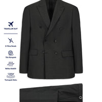 Dark Gray 6 Drop Regular Fit Standard Cut Wool Double-Breasted Traveller Suit with Buckle Waist and Bag