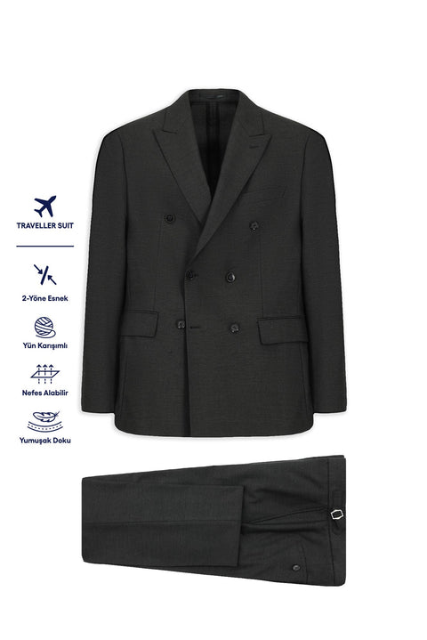 Dark Gray 6 Drop Regular Fit Standard Cut Wool Double-Breasted Traveller Suit with Buckle Waist and Bag
