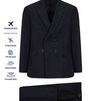 Dark Navy 6 Drop Regular Fit Standard Cut Wool Double-Breasted Traveller Suit with Buckle Waist and Bag
