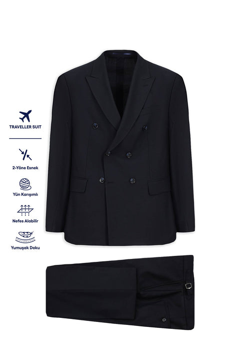Dark Navy 6 Drop Regular Fit Standard Cut Wool Double-Breasted Traveller Suit with Buckle Waist and Bag