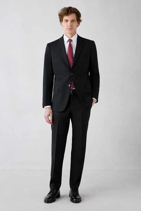 Black 6-Drop Regular Fit Standard Cut Mono-Neck Wool Suit