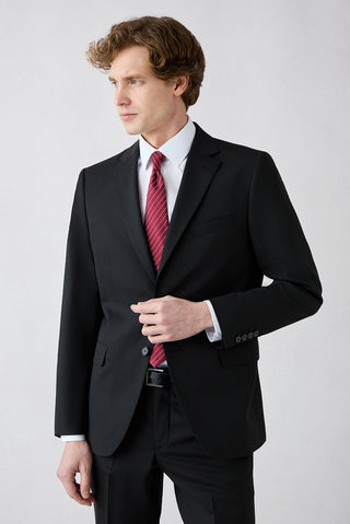  Siyah 7 Drop Super Slim Fit Eksra Dar Kesim Mono Yaka Yünlü Takım Elbise