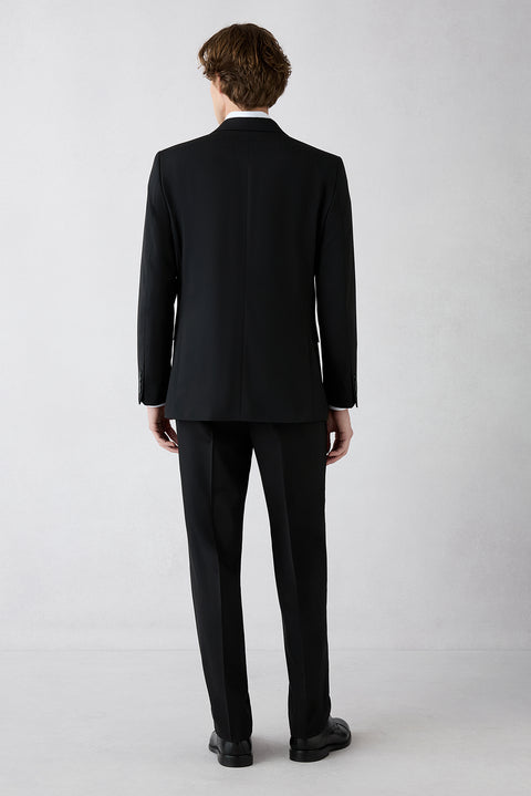 Siyah 7 Drop Super Slim Fit Eksra Dar Kesim Mono Yaka Yünlü Takım Elbise