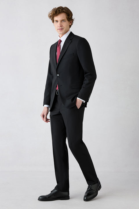Siyah 7 Drop Super Slim Fit Eksra Dar Kesim Mono Yaka Yünlü Takım Elbise