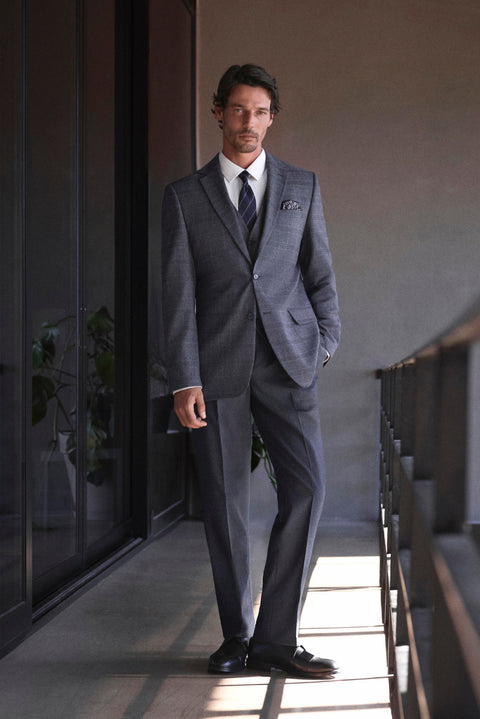 Koyu Antrasit 7 Drop Slim Fit Mono Yaka Ekose Trıple Takım Elbise