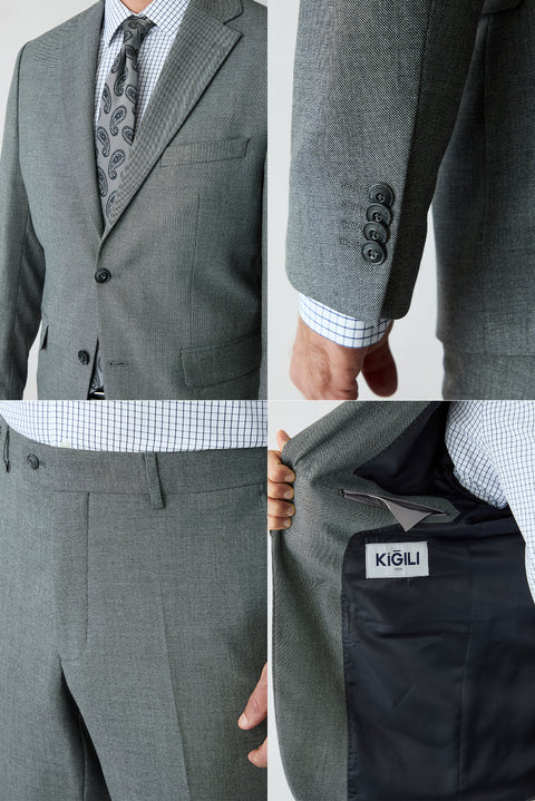 Medium Smoke 4 Drop Relaxed Fit Peak Lapel Wool Plain Suit