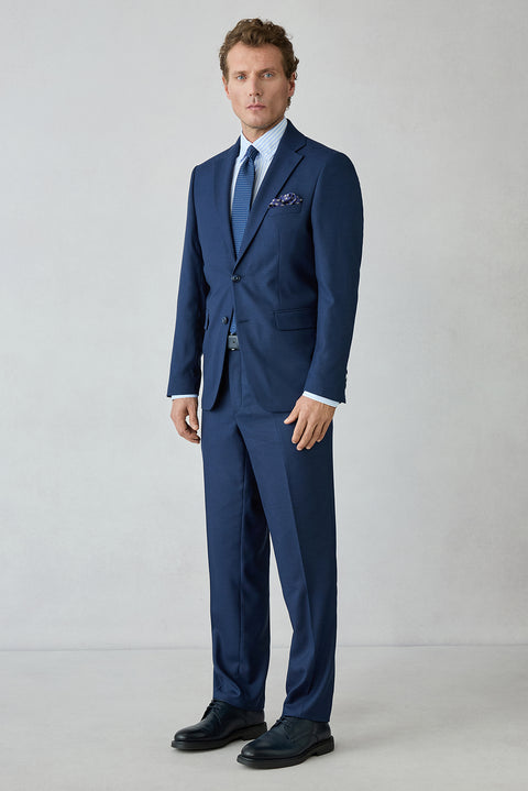 Orta Lacivert 4 Drop Relaxed Fit Rahat Kesim Yünlü Düz Mono Yaka Takım Elbise