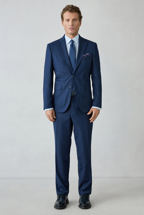 Orta Lacivert 4 Drop Relaxed Fit Rahat Kesim Yünlü Düz Mono Yaka Takım Elbise