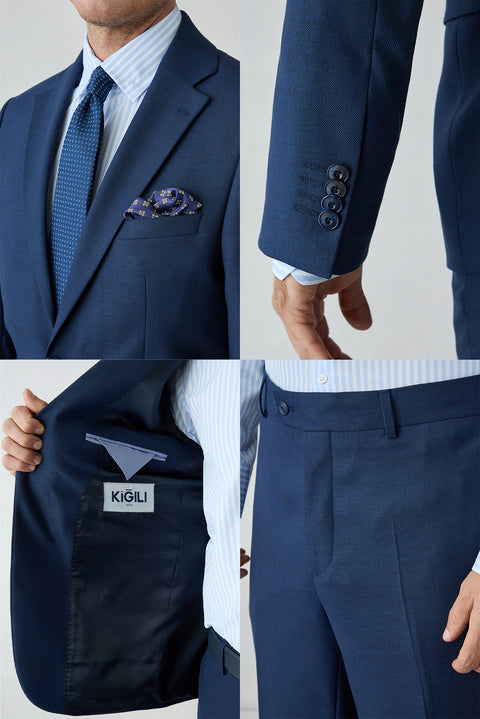 Orta Lacivert 4 Drop Relaxed Fit Rahat Kesim Yünlü Düz Mono Yaka Takım Elbise