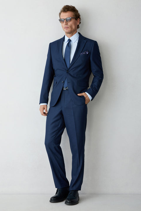 Orta Lacivert 4 Drop Relaxed Fit Rahat Kesim Yünlü Düz Mono Yaka Takım Elbise