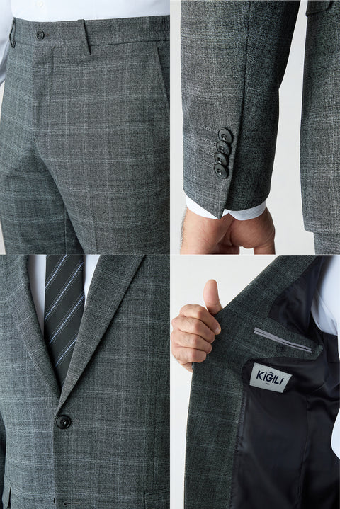 Orta Füme 6 Drop Regular Fit Standart Kesim Yünlü Mono Yaka Beli Lastikli Ekose Takım Elbise