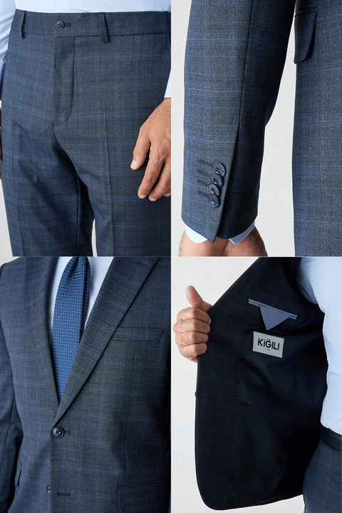Mid Navy 6 Drop Regular Fit Peak Lapel Tie-Waist Wool Suit