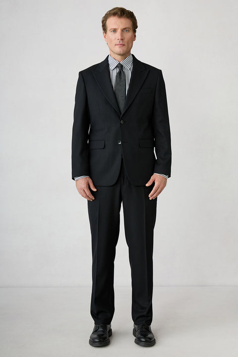 Black 4 Drop Relaxed Fit Peak Lapel Textured Elasticated Waist Wool Suit
