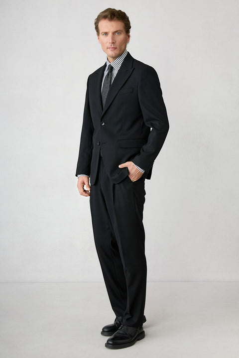 Black 4 Drop Relaxed Fit Peak Lapel Textured Elasticated Waist Wool Suit