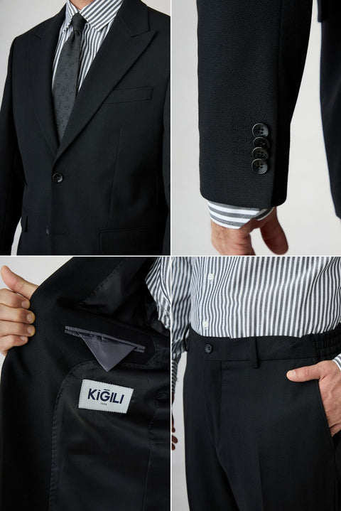 Black 4 Drop Relaxed Fit Peak Lapel Textured Elasticated Waist Wool Suit