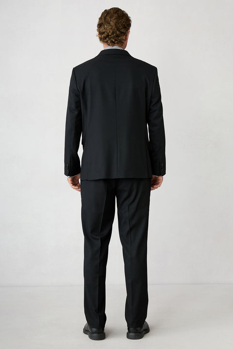 Black 4 Drop Relaxed Fit Peak Lapel Textured Elasticated Waist Wool Suit