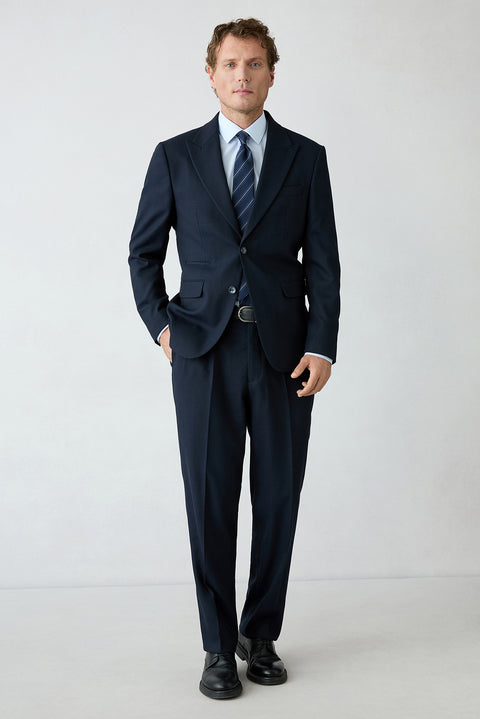 Orta Lacivert 4 Drop Relaxed Fit Rahat Kesim Yünlü Sivri Yaka Beli Lastikli Desenli Takım Elbise