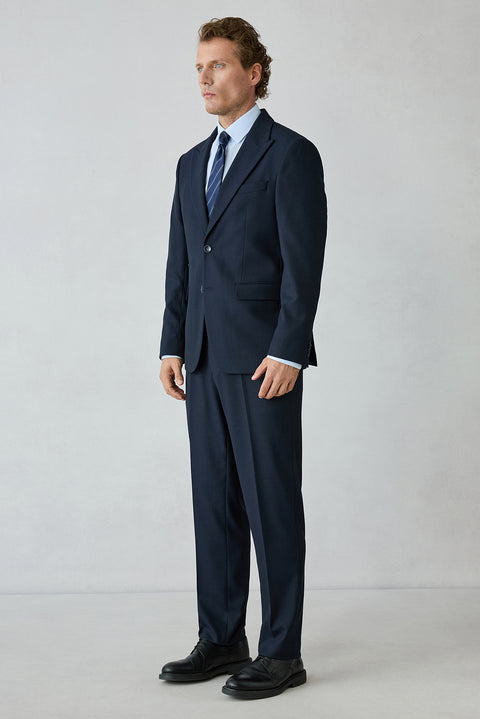 Orta Lacivert 4 Drop Relaxed Fit Rahat Kesim Yünlü Sivri Yaka Beli Lastikli Desenli Takım Elbise