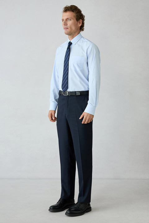 Orta Lacivert 4 Drop Relaxed Fit Rahat Kesim Yünlü Sivri Yaka Beli Lastikli Desenli Takım Elbise