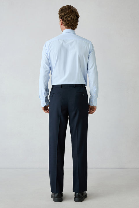 Orta Lacivert 4 Drop Relaxed Fit Rahat Kesim Yünlü Sivri Yaka Beli Lastikli Desenli Takım Elbise