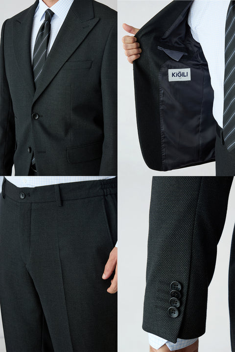 Medium Anthracite 4-Drop Relaxed Fit Pointed Collar Armure Wool Suit with Elasticated Waist