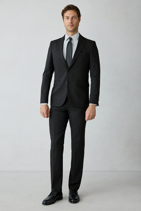 Black 6-Drop Regular Fit Notch Lapel Striped Wool Suit