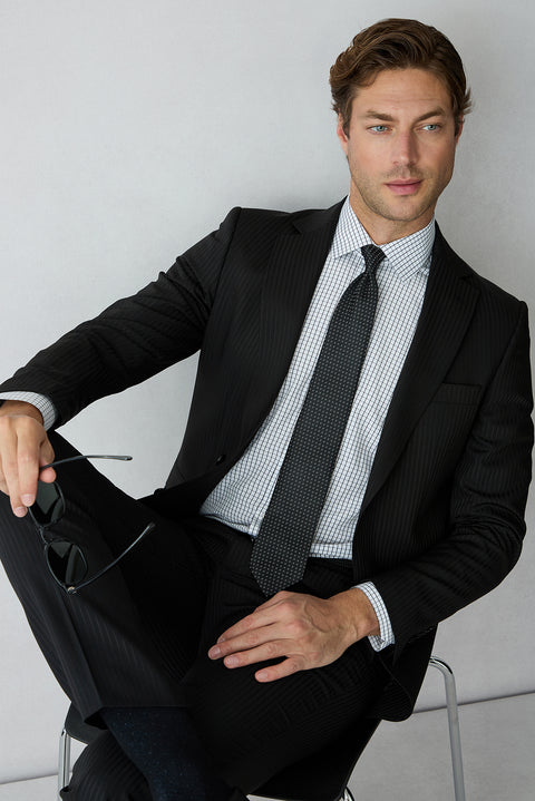 Black 6-Drop Regular Fit Notch Lapel Striped Wool Suit