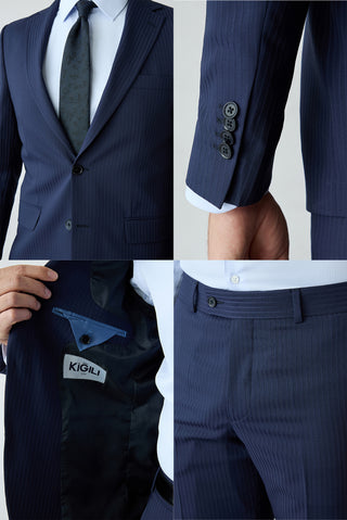  Koyu Lacivert 6 Drop Regular Fit Mono Yaka Çizgili Yünlü Takım Elbise