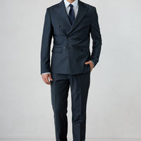 Mid Navy 7 Drop Slim Fit Peak Lapel Double Breasted Plain Wool Suit