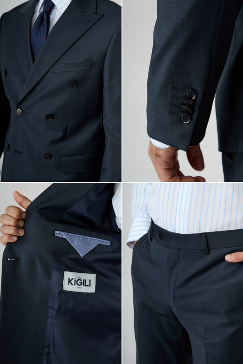 Mid Navy 7 Drop Slim Fit Peak Lapel Double Breasted Plain Wool Suit