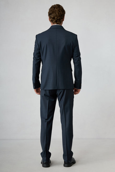 Mid Navy 7 Drop Slim Fit Peak Lapel Double Breasted Plain Wool Suit