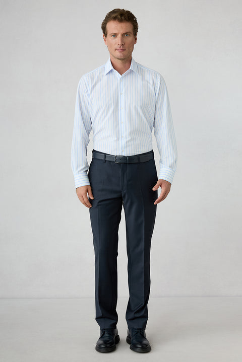 Mid Navy 7 Drop Slim Fit Peak Lapel Double Breasted Plain Wool Suit