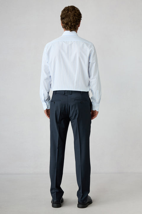 Mid Navy 7 Drop Slim Fit Peak Lapel Double Breasted Plain Wool Suit