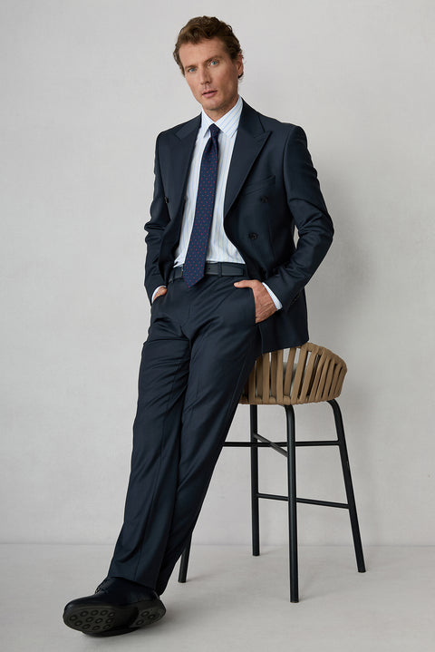 Mid Navy 7 Drop Slim Fit Peak Lapel Double Breasted Plain Wool Suit